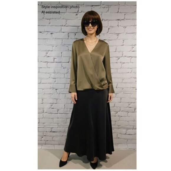 APT. 9, Stylish olive green long sleeve front crossover v-neck blouse - Picture 2 of 8